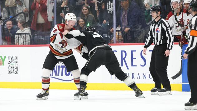 Tucson Roadrunners' Ben McCartney takes on Taylor Ward of the Ontario Reign