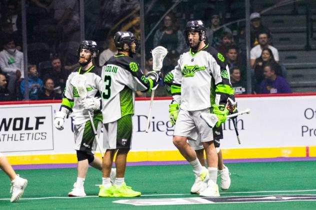 Saskatchewan Rush exchange congratulations against the San Diego Seals