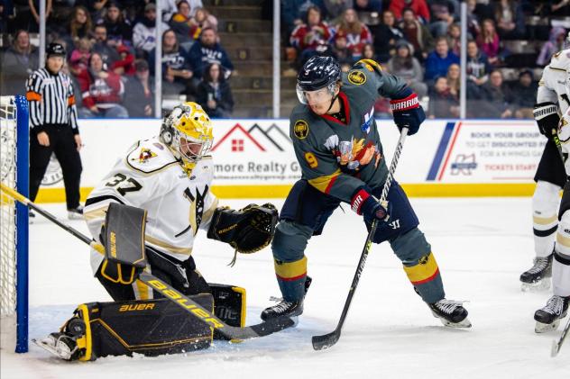Wheeling Nailers goaltender Tommy Nappier stops the Kalamazoo Wings