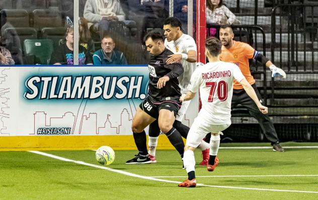 St. Louis Ambush forward Duduca Carvalho eyes the ball against the Baltimore Blast