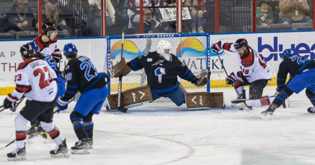 Wichita Thunder goaltender Evan Buitenhuis makes a stop against the Rapid City Rush
