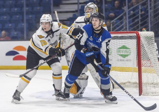 Saint John Sea Dogs center Connor Trenholm in front of the Cape Breton Eagles net