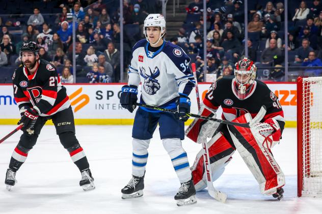 Belleville Senators goaltender Mads Søgaard and defenceman Jack Dougherty vs. the Manitoba Moose