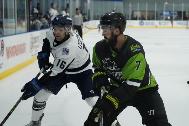 Jacksonville Icemen forward Derek Lodermeier (left) vs. the Savannah Ghost Pirates