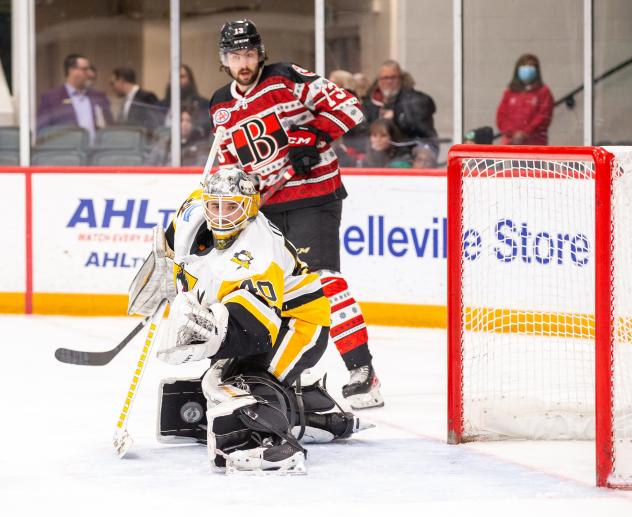 Belleville Senators' Egor Sokolov and Wilkes-Barre/scranton Penguins' Dustin Tokarsk In Action