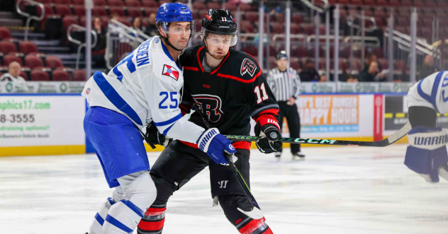 Wichita Thunder forward Sam Sternschein (left) vs. the Rapid City Rush