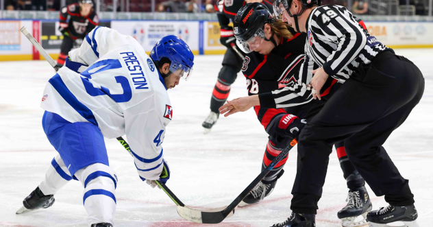 Wichita Thunder forward Quinn Preston faces off with the Rapid City Rush