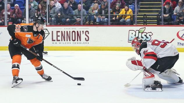 Lehigh Valley Phantoms' Max Willman vs. Utica Comets' Akira Schmid
