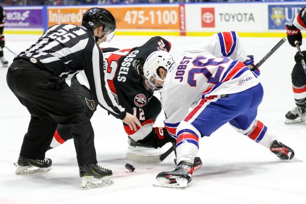 Belleville Senators' Cole Cassels And Rochester Americans' Mason Jobst