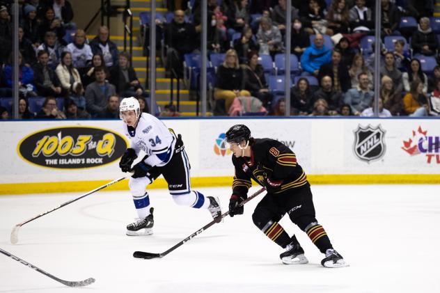 Victoria royals' Jake Poole and Vancouver Giants' Ty Thorpe in action