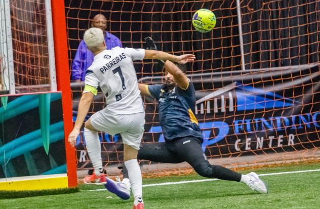 Victor Parreiras of the Florida Tropics scores against the Chihuahua Savage