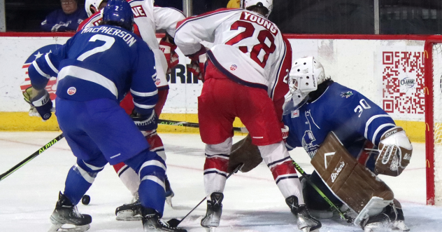 Wichita Thunder's Dylan MacPherson and Allen Americans' Justin Young on game night