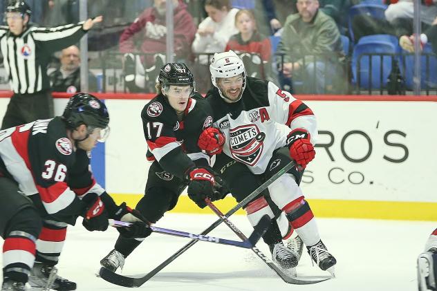 Belleville Senators' Angus Crookshank And Ridly Greig Battle Utica Comets' Robbie Russo