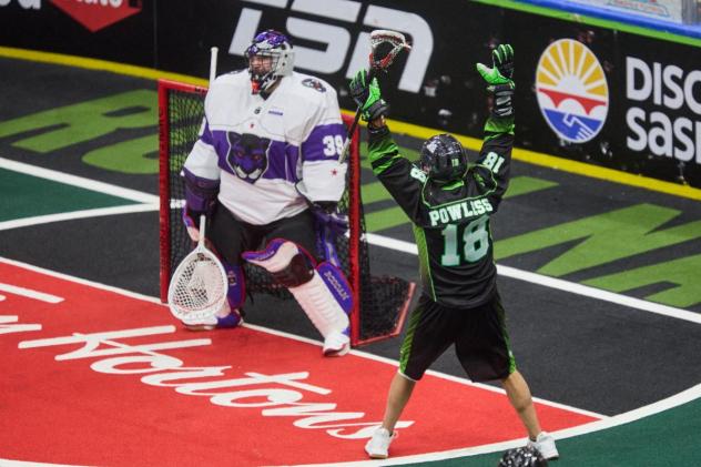 Marshall Powless of the Saskatchewan Rush reacts after a goal against Panther City LC