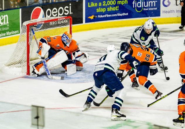 Worcester Railers goaltender Henrik Tikkanen faces the Maine Mariners