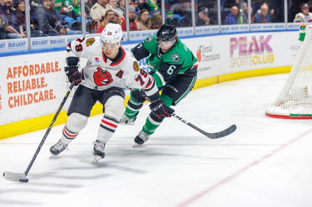 Rockford IceHogs' Dylan Sikura and Texas Stars' Ben Gleason on game night