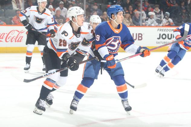 Lehigh Valley Phantoms' Wyatte Wylie And Bridgeport Islanders' Arnaud Durandeau On Game Night