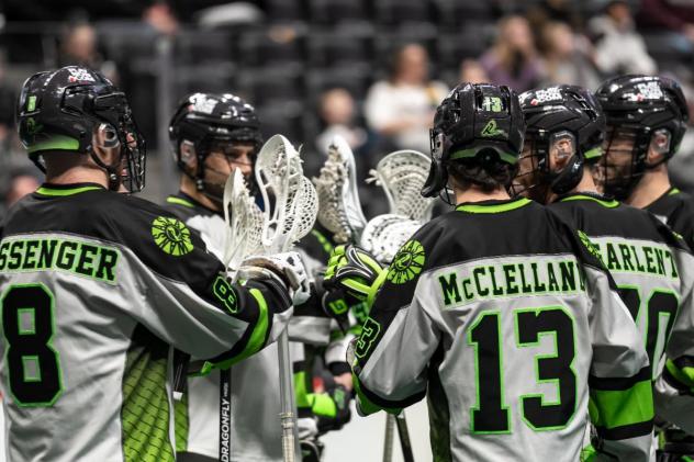 Saskatchewan Rush's Mike Messenger and Connor McClelland on game night