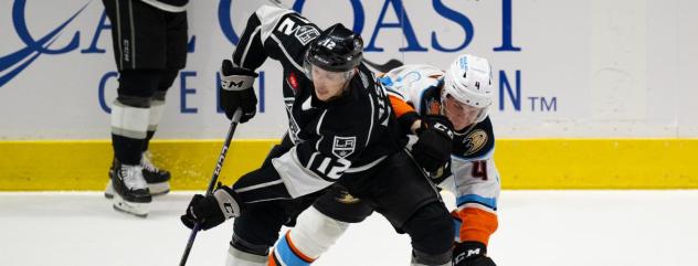 Ontario Reign's Tobie Bisson Battles San Diego Gulls' Drew Helleson