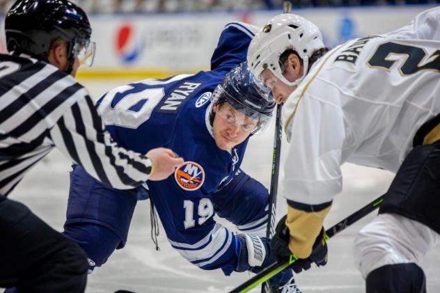 Worcester Railers' Quin Ryan and Newfoundland Growlers' Jack Badini on game night