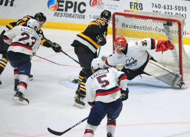 Wheeling Nailers forward Justin Addamo eyes the Kalamazoo Wings goal