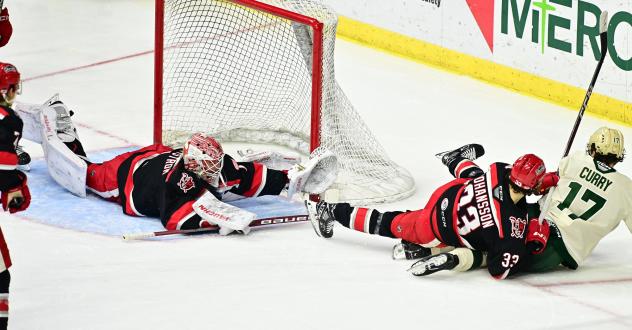 Grand Rapids Griffins goaltender Victor Brattstrom sprawls for a save against the Iowa Wild