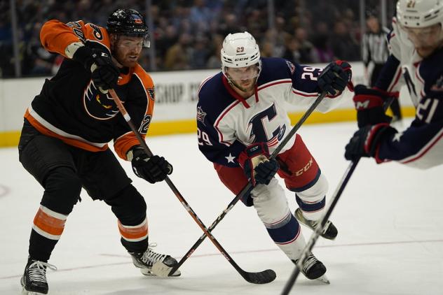 Lehigh Valley Phantoms' Max Willman And Cleveland Monsters' Robbie Payne In Action