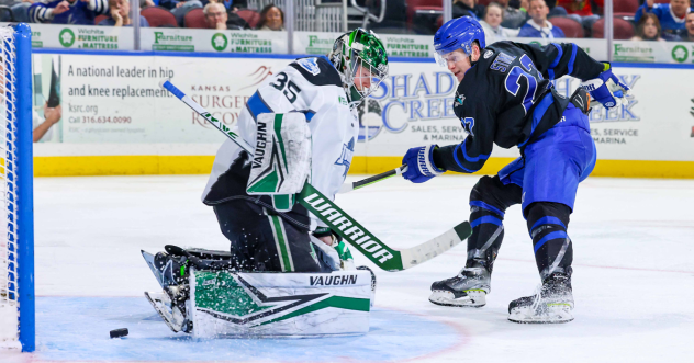 Wichita Thunder forward Michal Stinil sneaks a shot past the Idaho Steelheads' netminder