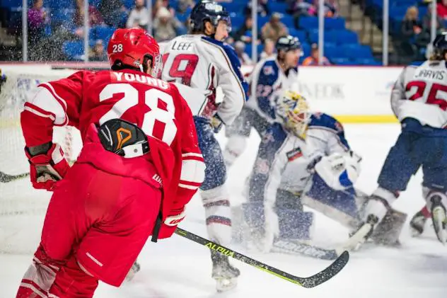 Allen Americans left wing Justin Young rushes to the action