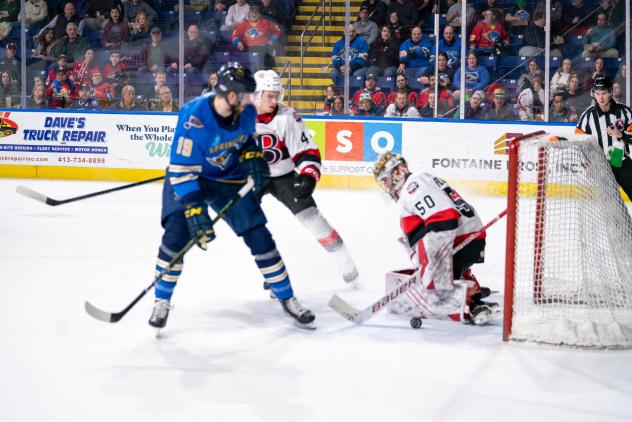 Springfield Thunderbirds' Anthony Angello and Belleville Senators' Logan Flodell on game night