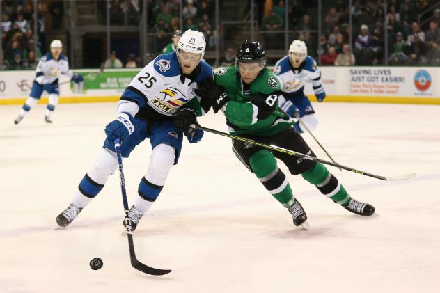 Colorado Eagles' Oskar Olausson Battles Texas Stars' Thomas Harley