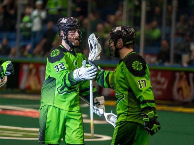 Saskatchewan Rush's Matthew Dinsdale and 	Robert Church