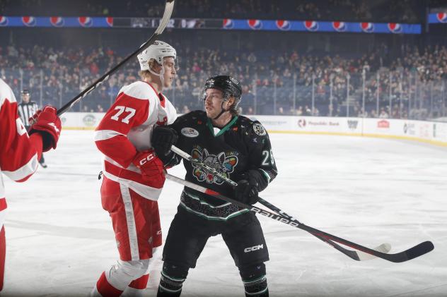 Grand Rapids Griffins defenseman Simon Edvinsson (left) vs. the Chicago Wolves