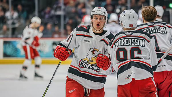 Grand Rapids Griffins center Joel L'Esperance (left) and left wing Pontus Andreasson