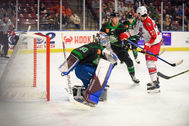 Allen Americans center Grant Hebert looks for an opportunity against the Utah Grizzlies