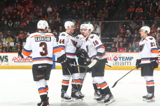 Lehigh Valley Phantoms' Adam Karashik, Kevin Connauton, Jackson Cates and Bobby Brink on game night