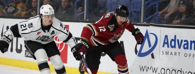 Ontario Reign's Jordan Spence and Tucson Roadrunners' Milos Kelemen on game night