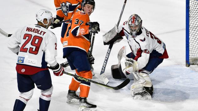 South Carolina Stingrays goaltender Clay Stevenson stymies the Worcester Railers