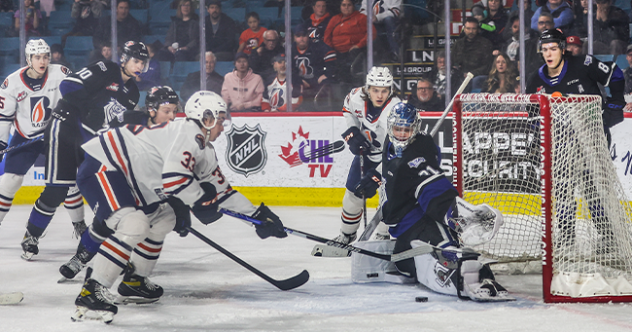 Kamloops Blazers' Shea Van Olm battles Victoria Royals' goaltender Braden Holt