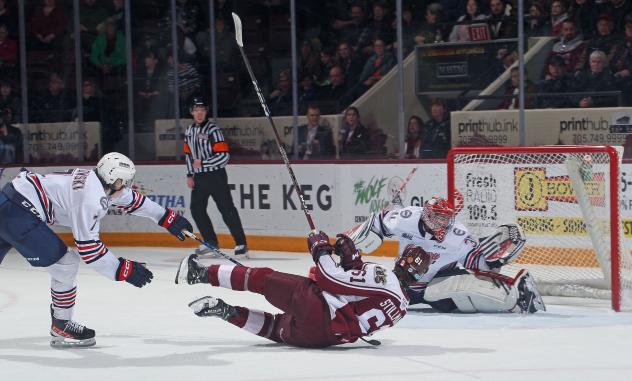 Peterborough Petes' Chase Stillman takes a fall