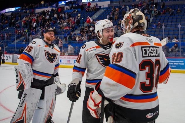 Lehigh Valley Phantoms' Pat Nagle, Elliot Desnoyers, Samuel Ersson
