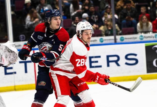 Saginaw Spirit's Roberto Mancini and Sault Ste. Marie Greyhounds' Kalvyn Watson