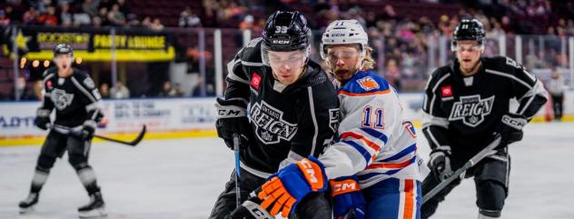 Bakersfield Condors' James Hamblin battles the Ontario Reign