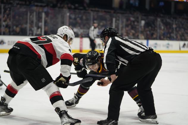 Belleville Senators centre Mark Kastelic in the face off circle