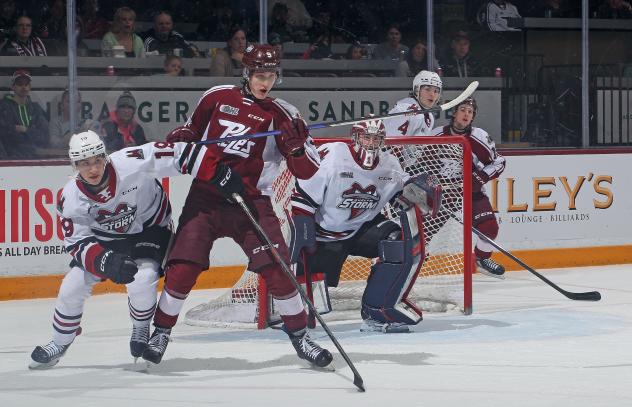 Peterborough Petes look for a scoring opportunity vs. the Guelph Storm