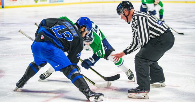 Wichita Thunder forward Quinn Preston (left) in the face off circle