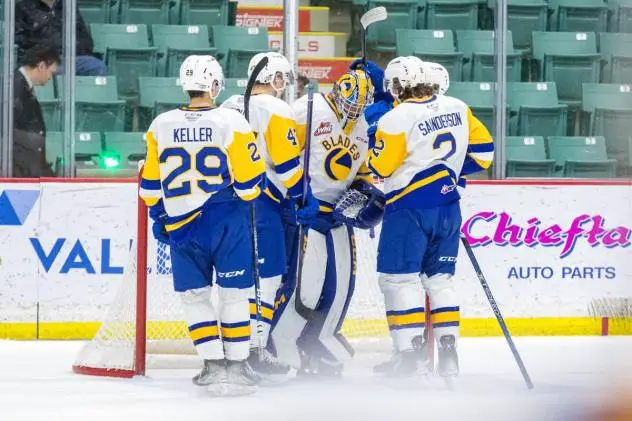 Saskatoon Blades' Jordan Keller and Ben Saunderson on game night