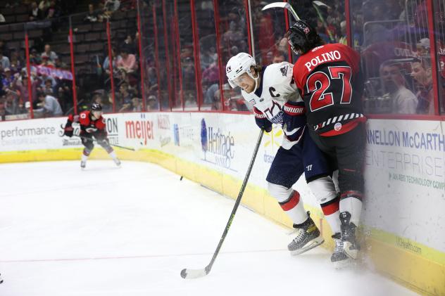 Kalamazoo Wings' Justin Murray battles Cincinnati Cyclones' Patrick Polino