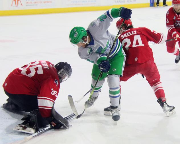 Allen Americans goaltender Chase Perry makes a stop against the Florida Everblades