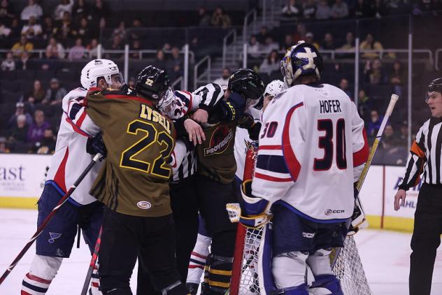 Providence Bruins' Fabian Lysell and Springfield Thunderbirds' Joel Hofer on game night